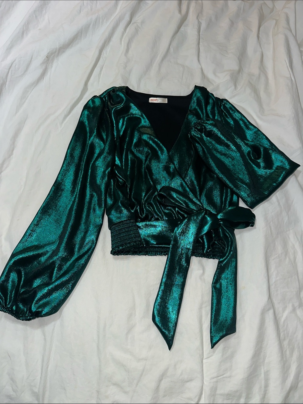 Metallic Emerald Green Wrap Blouse with Self-Tie Waist